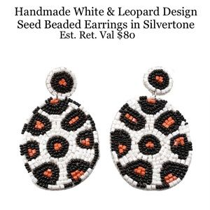 Handmade Leopard and White Seed Beaded Earrings in Silvertone